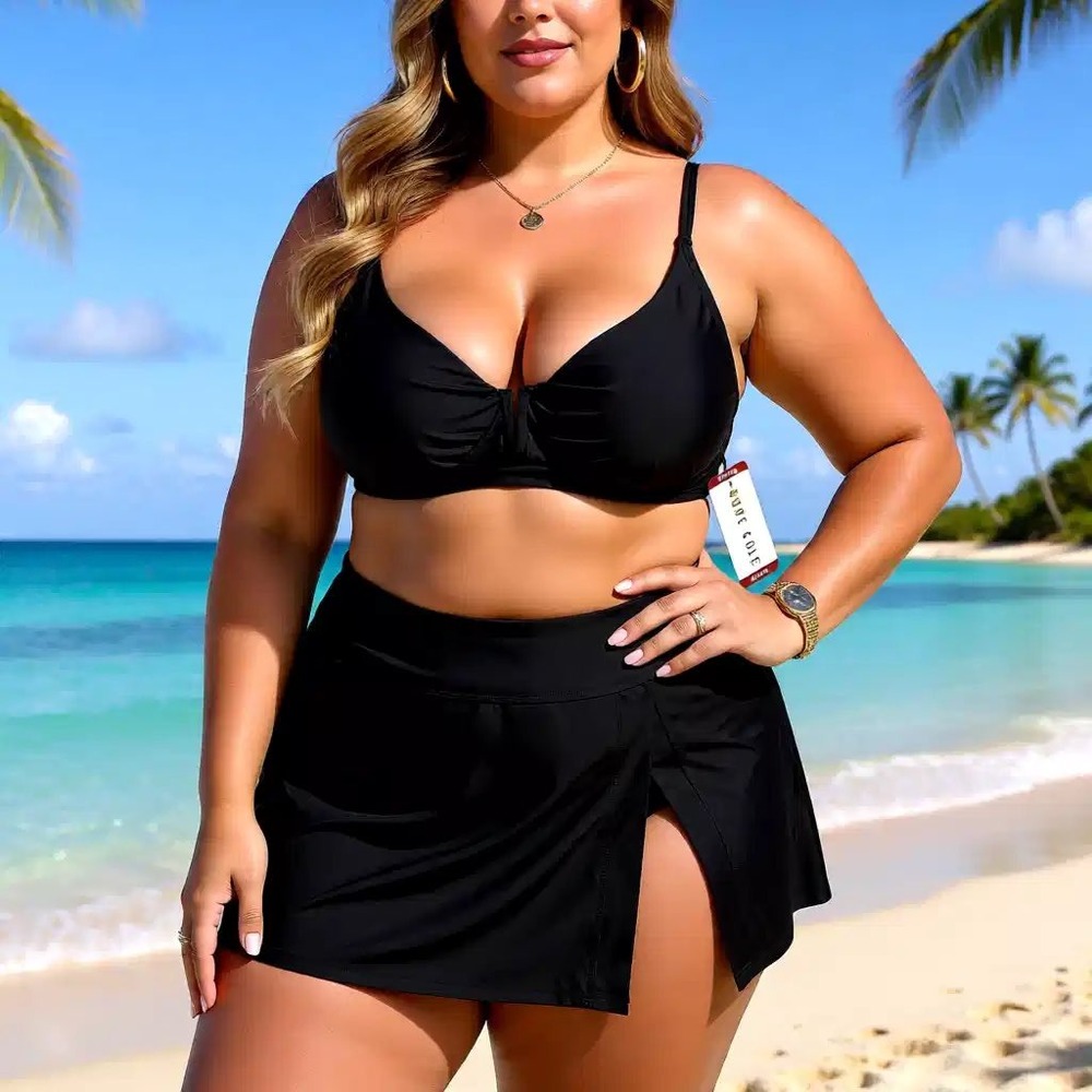 Anne Cole Black‎ Bikini Set V-Wire Top and Swim Skirt UPF 50 ACSS001 XL NWT